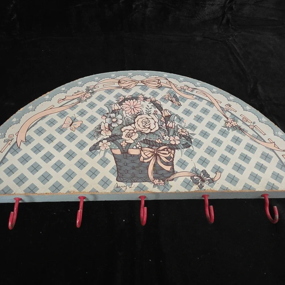 Vintage Country Pink Blue Floral Key Rack Holder Cottagecore Granny Decor‎